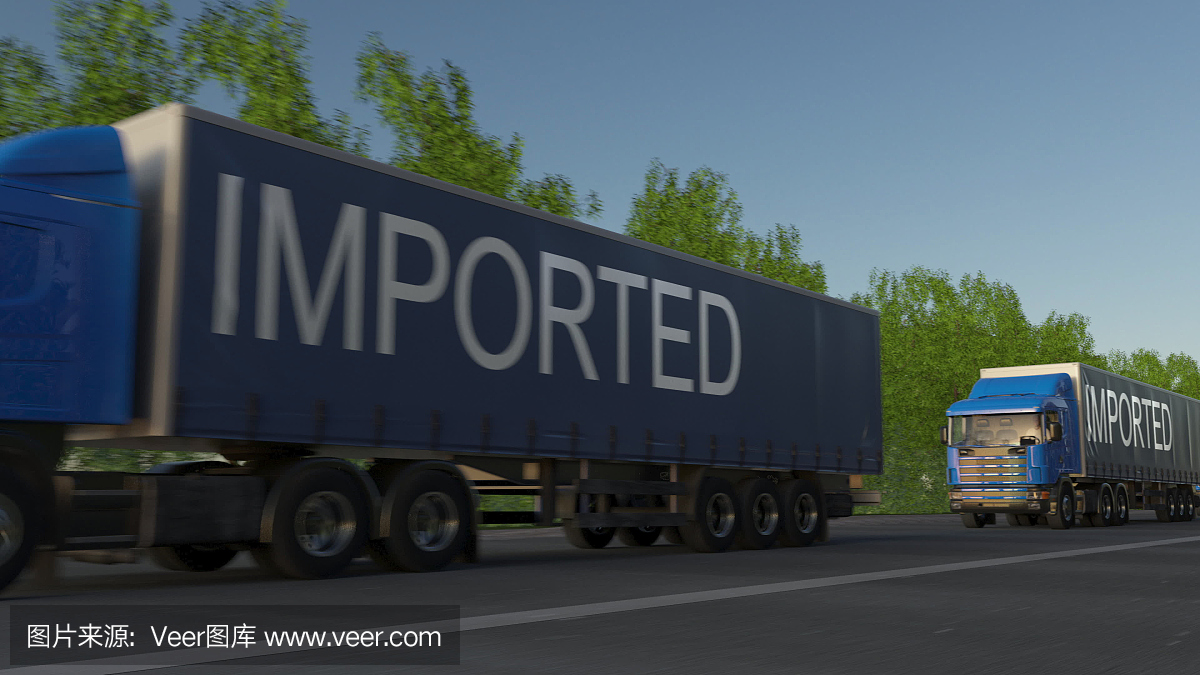 拖车上有进口说明的货运半挂车超速行驶。道路货物运输。三维渲染